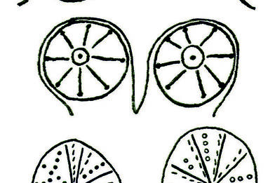 obr. 3: Ryté motivy se zavěšenými vícenásobnými půlkruhy a různými alternacemi výplní kruhů, hrobová keramika kyperské časné doby bronzové (2300 – 1900 před Kr.), Vounous na Kypru.