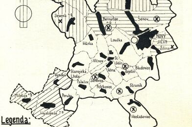 Mapka úbytku majetků příslušných k panství Starý Jičín. Převzato z Turek, A. 1978.