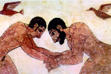 obr. 11: Letící kachny nad muži, kteří zápasí při pohřebních obřadech. Etruská malba v Hrobce augurů, Monterozzi, střední Itálie, 530 - 520 před Kr.