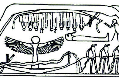 obr. 5: Pohřební scéna, s loděmi a bohyní Nut v úloze nebeské klenby, Egypt, Nová říše, Amenhotepův papyrus (18. dynastie, cca 1479 – 1425 před Kr.).