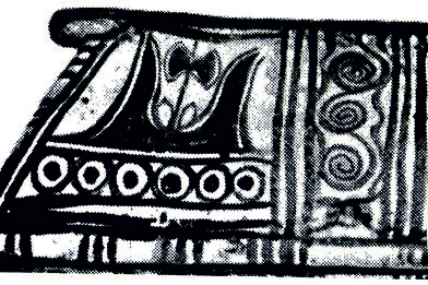 obr. 6: Malovaná výzdoba zahrnující sluneční kotouče na podnoži oltáře, z něhož vystupuje labrys. Larnax z hrobu č. 10, pohřebiště v Armenoi Rethymnis, Kypr, pozdní minojské období.