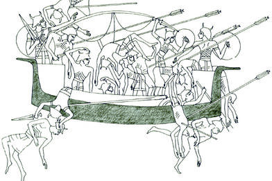 obr. 8: Plavidlo tzv. mořských národů v bitvě s vojsky Ramesse III (1183/82 - 1152/51 před Kr.). Prova a korma jsou vytažené do podoby hlav vodních ptáků. Medinet Habu, Egypt.